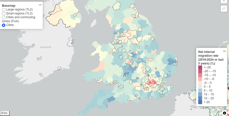 Map of the United Kingdom illustrating the net internal migration rate over the last five years. British citizens are fleeing the expensive urban areas, despite the great jobs in those areas, thanks in part to the stamp duty.